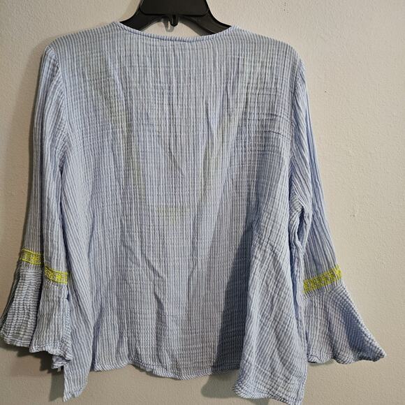Crown & Ivy Blue White Striped Lime Embroidered Blouse Bell Sleeves Size XL - Picture 5 of 8